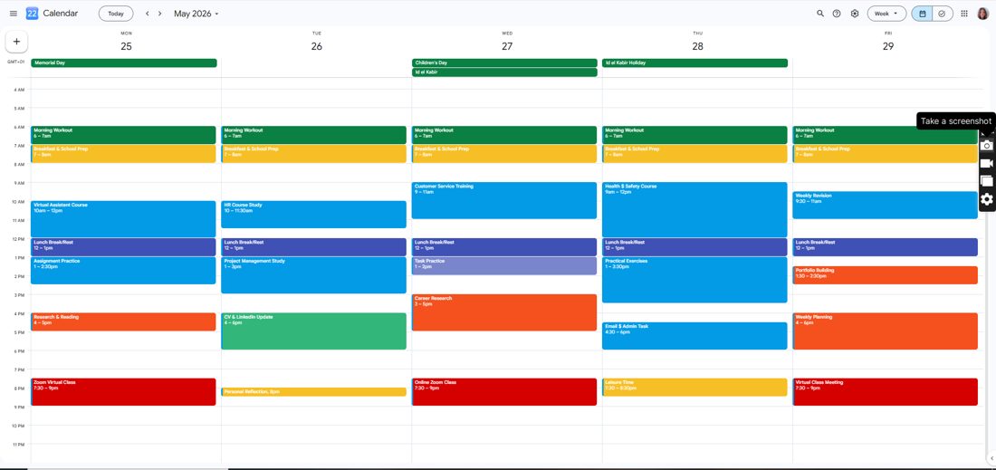 Weekly calendar with color-coded blocks for work, training, and personal time