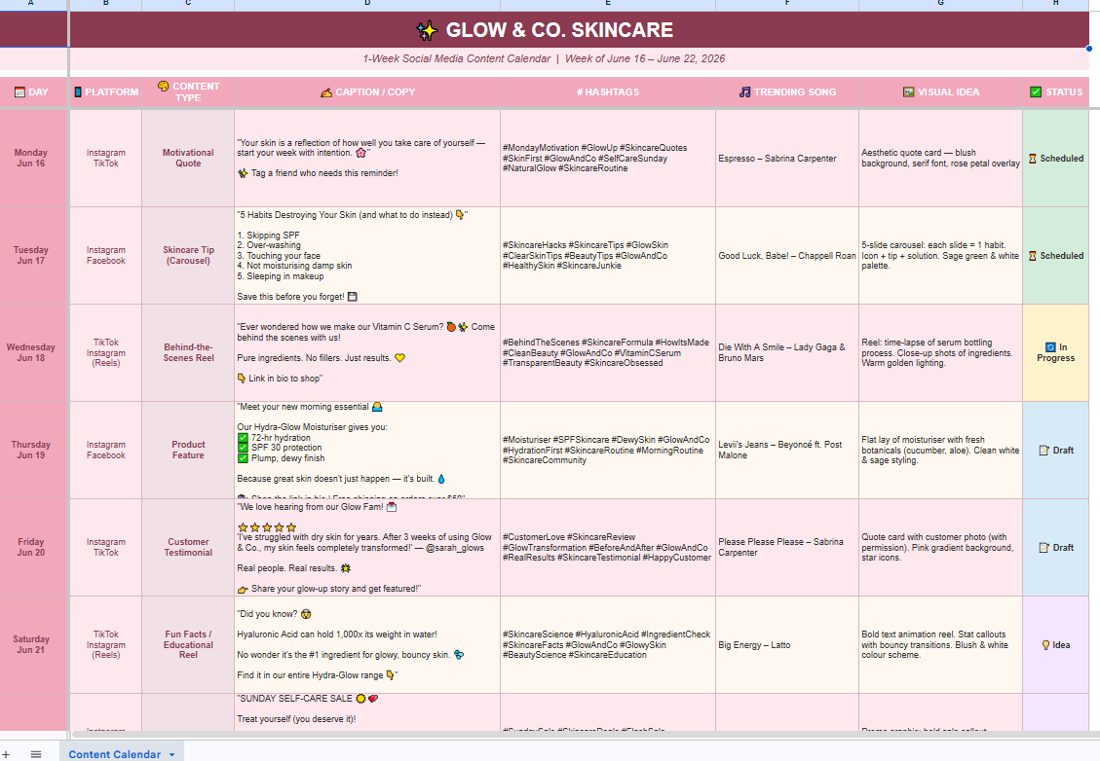 Social media content calendar with captions, hashtags, and visual ideas