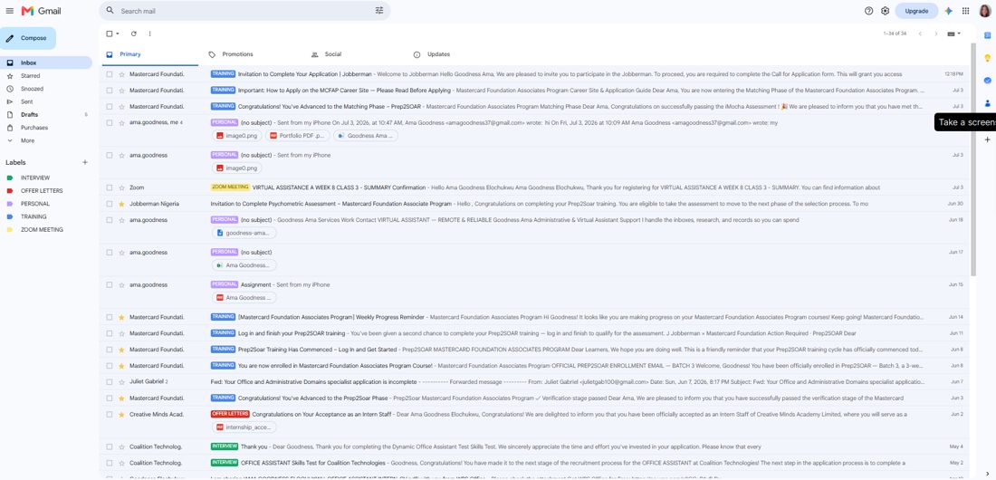Gmail inbox organized with labels for bank, interview, training, and tech updates